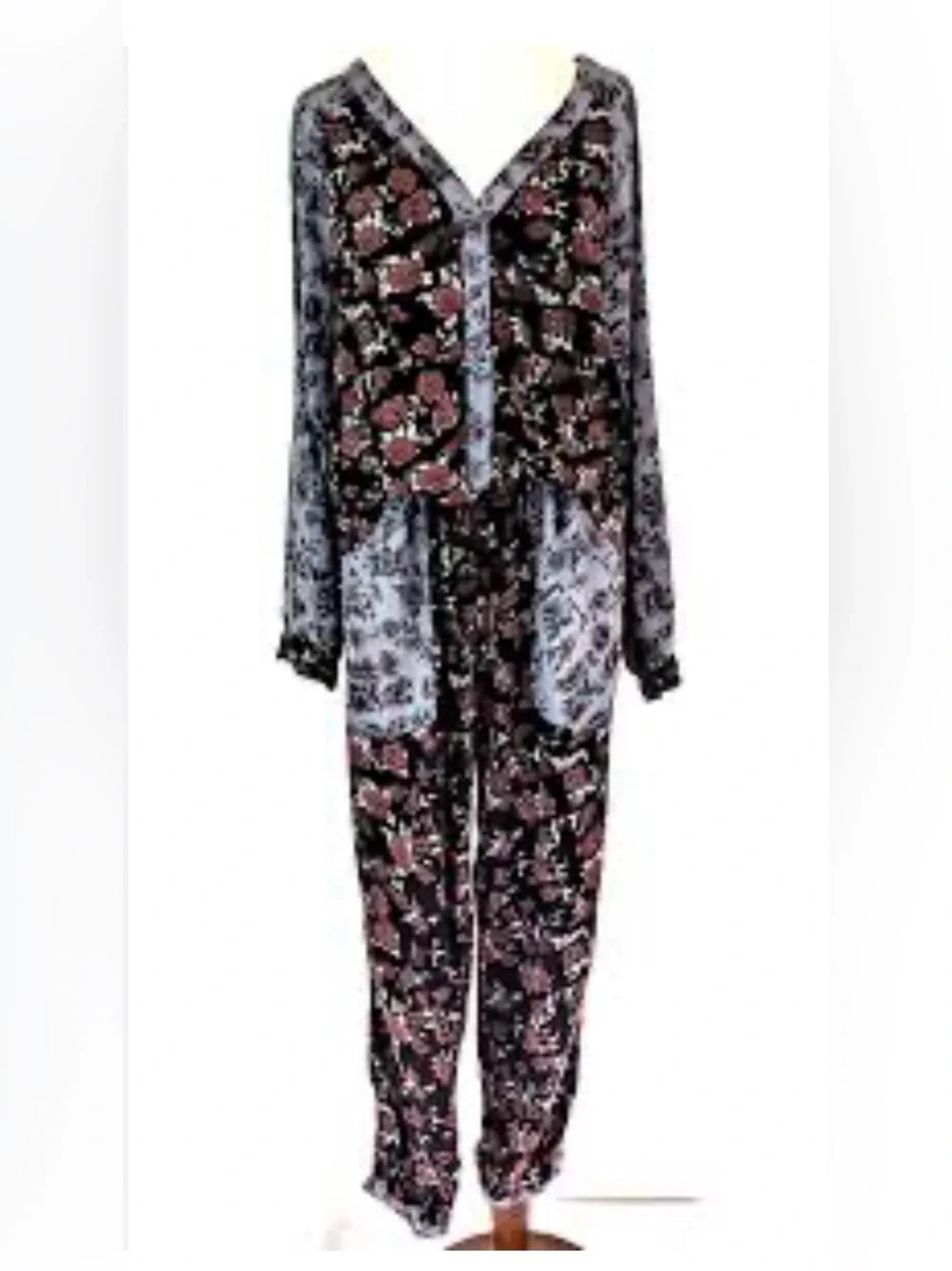 Free People Sheila Patchwork Black Floral Jumpsuit, Size Small - Picture 3 of 7